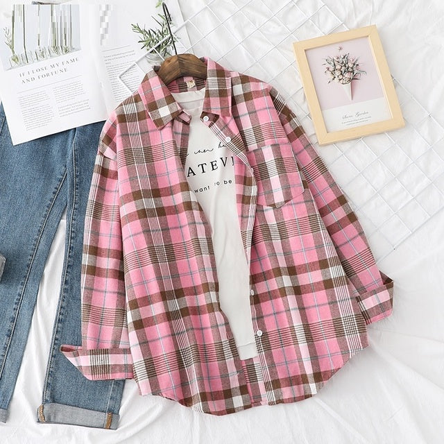 Tangada Women Oversized Plaid Print Boyfriend Style Shirt  Long Sleeve Chic Female Casual Loose Shirt BAO4