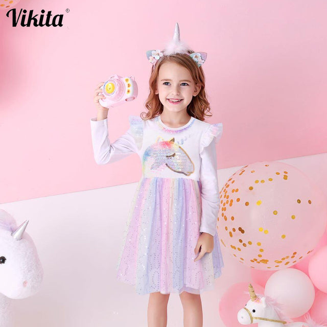 VIKITA Girls Dress Autumn Winter Kids Casual Long Sleeve Dress for Girl Unicorn Party Princess Dress Children Clothing 3-8 Years