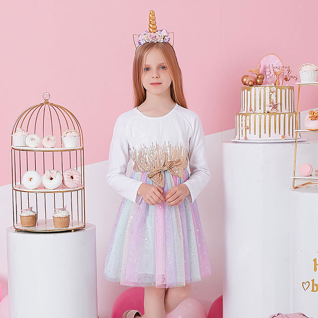 VIKITA Girls Dress Autumn Winter Kids Casual Long Sleeve Dress for Girl Unicorn Party Princess Dress Children Clothing 3-8 Years