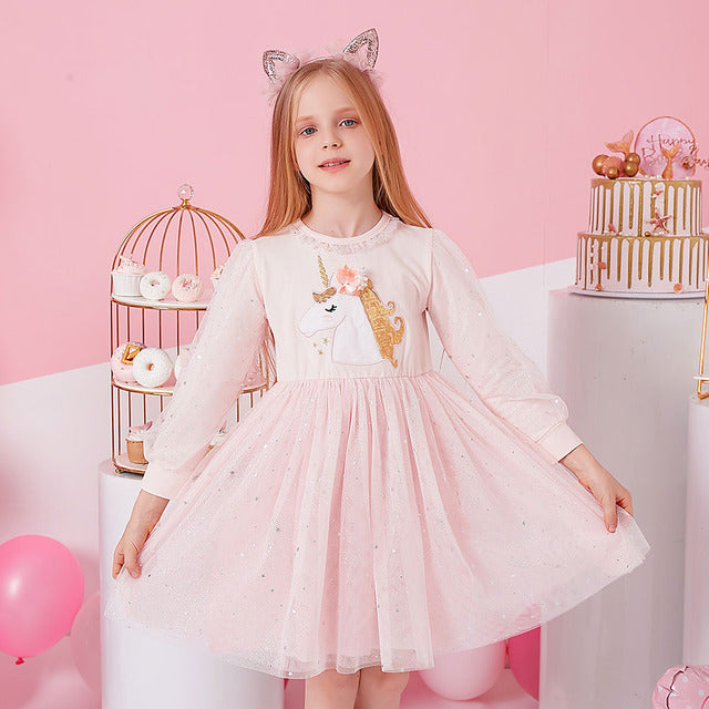 VIKITA Girls Dress Autumn Winter Kids Casual Long Sleeve Dress for Girl Unicorn Party Princess Dress Children Clothing 3-8 Years