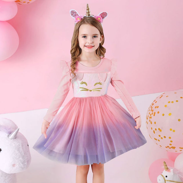 VIKITA Girls Dress Autumn Winter Kids Casual Long Sleeve Dress for Girl Unicorn Party Princess Dress Children Clothing 3-8 Years