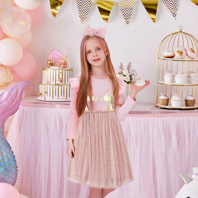 VIKITA Girls Dress Autumn Winter Kids Casual Long Sleeve Dress for Girl Unicorn Party Princess Dress Children Clothing 3-8 Years