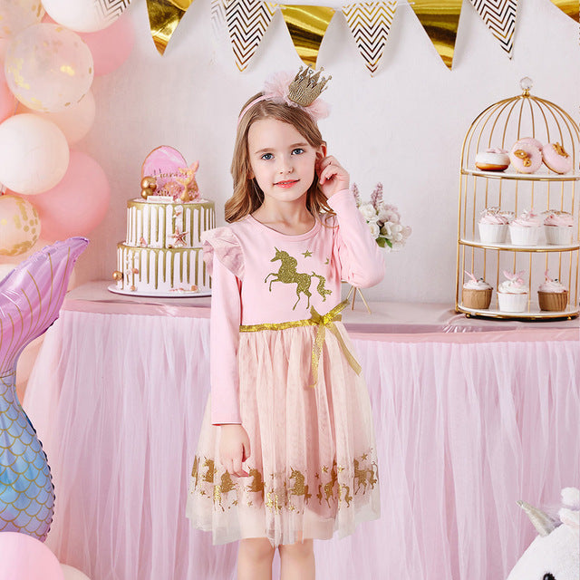 VIKITA Girls Dress Autumn Winter Kids Casual Long Sleeve Dress for Girl Unicorn Party Princess Dress Children Clothing 3-8 Years