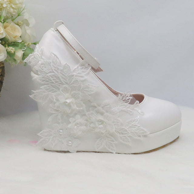 BaoYaFang White Flower Pumps New arrival womens wedding shoes Bride High heels platform shoes for woman ladies party dress shoes