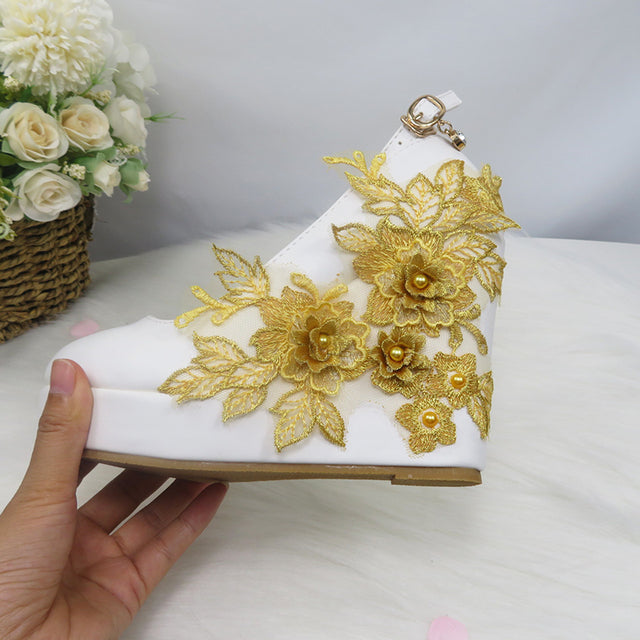 BaoYaFang White Flower Pumps New arrival womens wedding shoes Bride High heels platform shoes for woman ladies party dress shoes