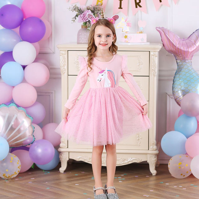 VIKITA Girls Dress Autumn Winter Kids Casual Long Sleeve Dress for Girl Unicorn Party Princess Dress Children Clothing 3-8 Years