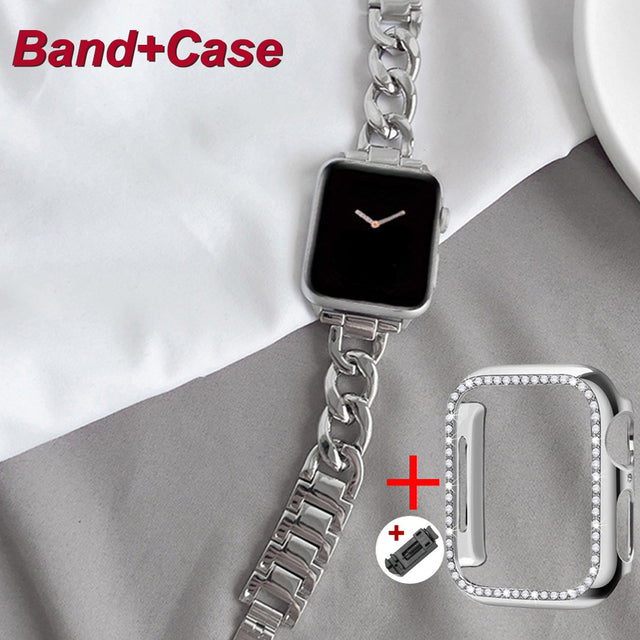 Luxury Watch Band for Apple Watch 7 41 45mm 6 5 4 3 Women Lady Diamond Stainless Steel Bracelet for iWatch 7 44 40 42 38MM Strap