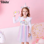 VIKITA Girls Dress Autumn Winter Kids Casual Long Sleeve Dress for Girl Unicorn Party Princess Dress Children Clothing 3-8 Years
