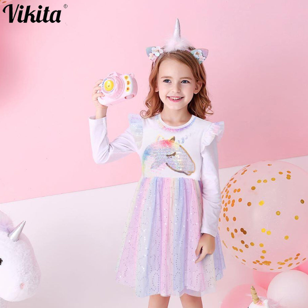 VIKITA Girls Dress Autumn Winter Kids Casual Long Sleeve Dress for Girl Unicorn Party Princess Dress Children Clothing 3-8 Years