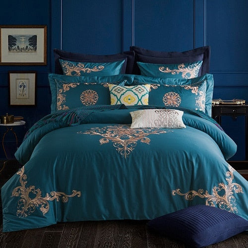 60SEgyptian Cotton Embroidered Luxury Royal Bedding Set 4/6Pcs King Queen Size Duvet Cover Bed Sheet set Decorative Pillowcases