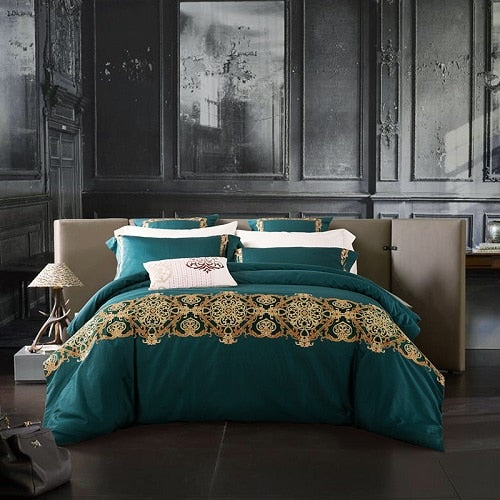 60SEgyptian Cotton Embroidered Luxury Royal Bedding Set 4/6Pcs King Queen Size Duvet Cover Bed Sheet set Decorative Pillowcases