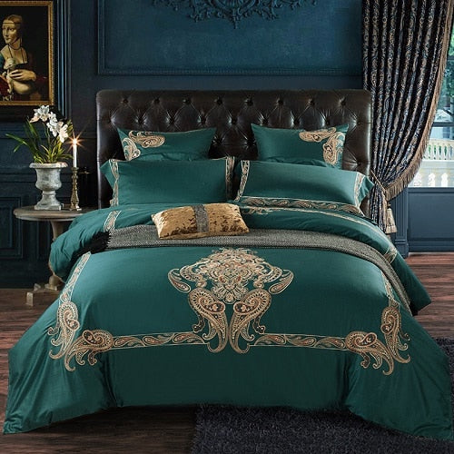 60SEgyptian Cotton Embroidered Luxury Royal Bedding Set 4/6Pcs King Queen Size Duvet Cover Bed Sheet set Decorative Pillowcases