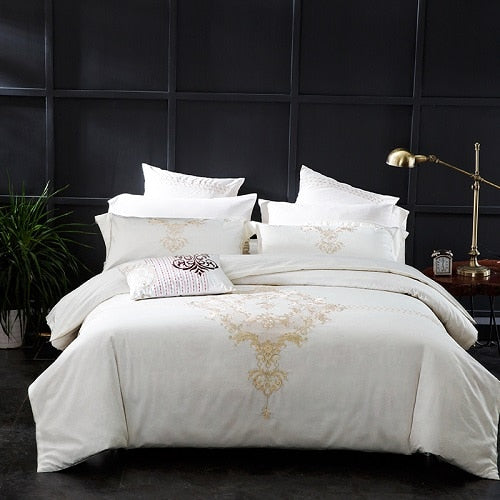 60SEgyptian Cotton Embroidered Luxury Royal Bedding Set 4/6Pcs King Queen Size Duvet Cover Bed Sheet set Decorative Pillowcases