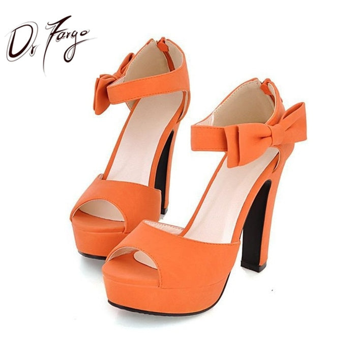 DRFARGO Butterfly Knot bow pump New summer Peep toe Ankle strap orange Sweet Thick high heel Sandals Platform Lady women shoes