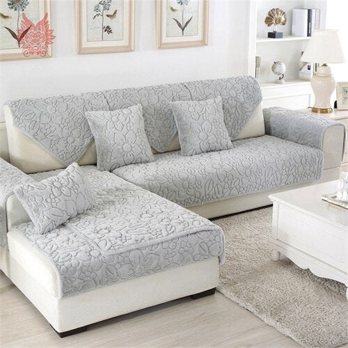 White grey floral quilted sofa cover plush long fur slipcovers fundas de sofa sectional couch covers fundas de sofa SP4957