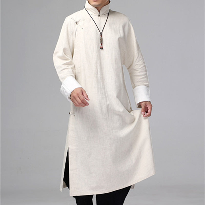 Helisopus Men's Linen Long Dress Shirt Traditional Chinese Kung fu Linen Shirt Casual Vintage Male One Piece Clothing