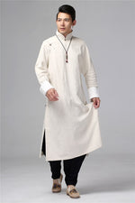 Helisopus Men's Linen Long Dress Shirt Traditional Chinese Kung fu Linen Shirt Casual Vintage Male One Piece Clothing