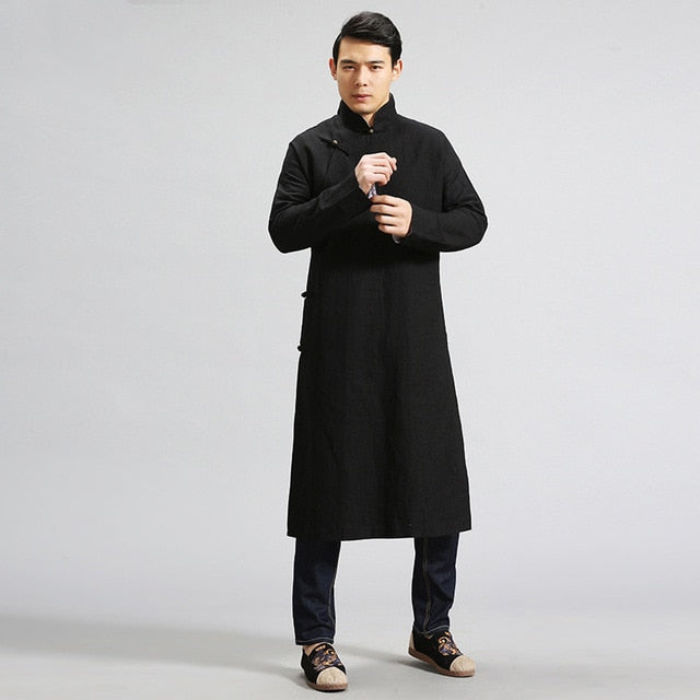 Helisopus Men's Linen Long Dress Shirt Traditional Chinese Kung fu Linen Shirt Casual Vintage Male One Piece Clothing