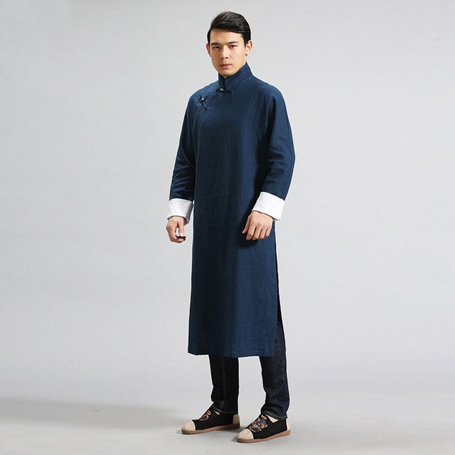 Helisopus Men's Linen Long Dress Shirt Traditional Chinese Kung fu Linen Shirt Casual Vintage Male One Piece Clothing