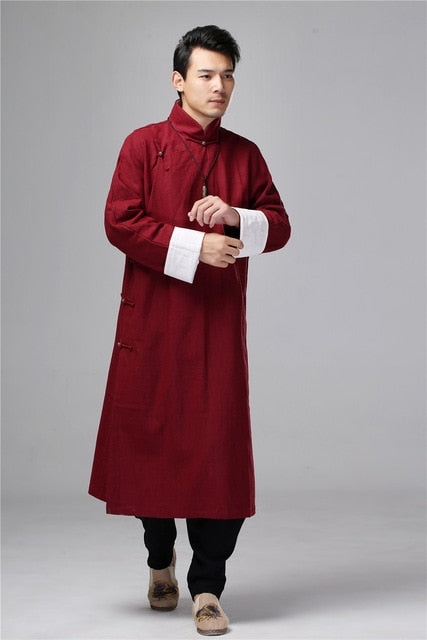 Helisopus Men's Linen Long Dress Shirt Traditional Chinese Kung fu Linen Shirt Casual Vintage Male One Piece Clothing