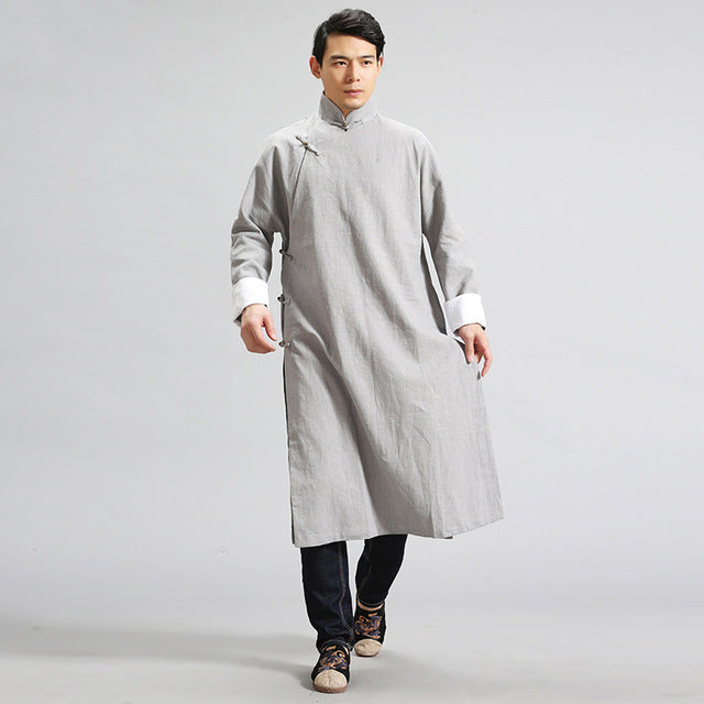 Helisopus Men's Linen Long Dress Shirt Traditional Chinese Kung fu Linen Shirt Casual Vintage Male One Piece Clothing