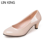 LIN KING Mature Patent Leather Women Pumps Slip On Shallow High Heel Shoes Leisure Ladies Office Dress Mom Pumps Plus Size 42