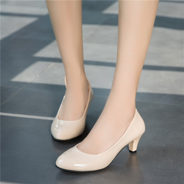 LIN KING Mature Patent Leather Women Pumps Slip On Shallow High Heel Shoes Leisure Ladies Office Dress Mom Pumps Plus Size 42