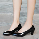 LIN KING Mature Patent Leather Women Pumps Slip On Shallow High Heel Shoes Leisure Ladies Office Dress Mom Pumps Plus Size 42