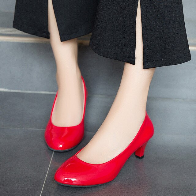 LIN KING Mature Patent Leather Women Pumps Slip On Shallow High Heel Shoes Leisure Ladies Office Dress Mom Pumps Plus Size 42