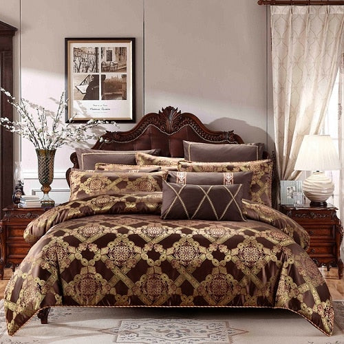 Brown Coffee jacquard Luxury Bedding set cotton stain bed duvet cover king queen size bed sheet set juego de cama linge de lit