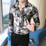 Korean Slim Fit Men Shirt Brand New Long Sleeve Print Mens Casual Shirts Night Club/Party/Prom Dress Shirt Male Clothing 3XL-M