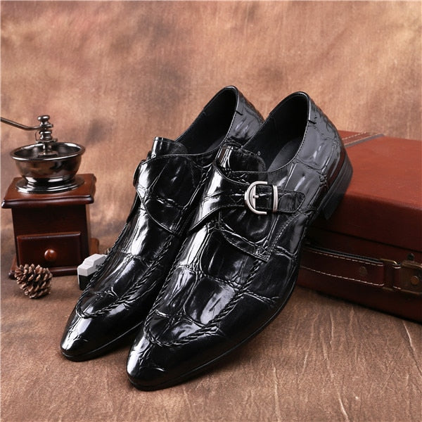 Crocodile Grain Brown Tan / Black Social Shoes Mens Dress Shoes Genuine Leather Wedding Shoes Male Business Shoes With Buckle