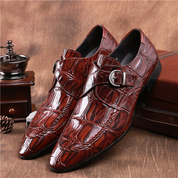 Crocodile Grain Brown Tan / Black Social Shoes Mens Dress Shoes Genuine Leather Wedding Shoes Male Business Shoes With Buckle