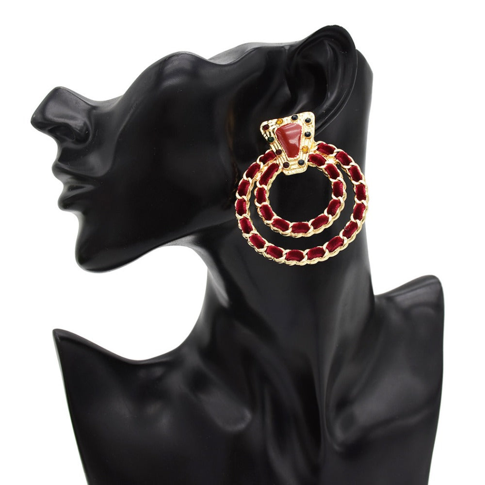 Bohemian Korean Fashion Jewerly Black Red Green Suede Circle Ears For Women Lady Big Geometric Acrylic Rhinestone Stud Earrings