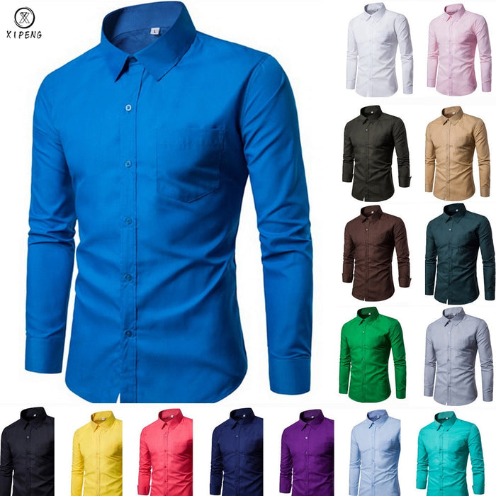 2019 New Men Dress Shirt Long Sleeve Slim Brand Man Shirts Designer High Quality Solid Male Clothing Fit Business Shirts 4XL