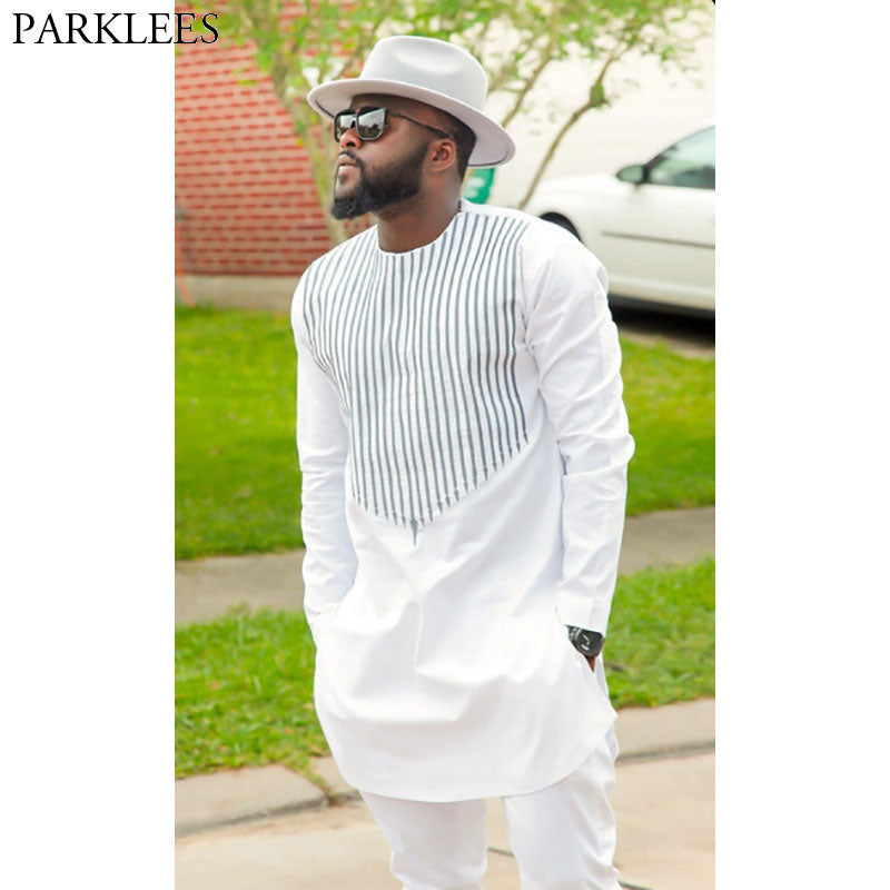 Mens Vertical Striped White African Dashiki Shirt 2018 Brand Slim Fit Round Collar Dress Shirts Men Long Sleeve African Clothing