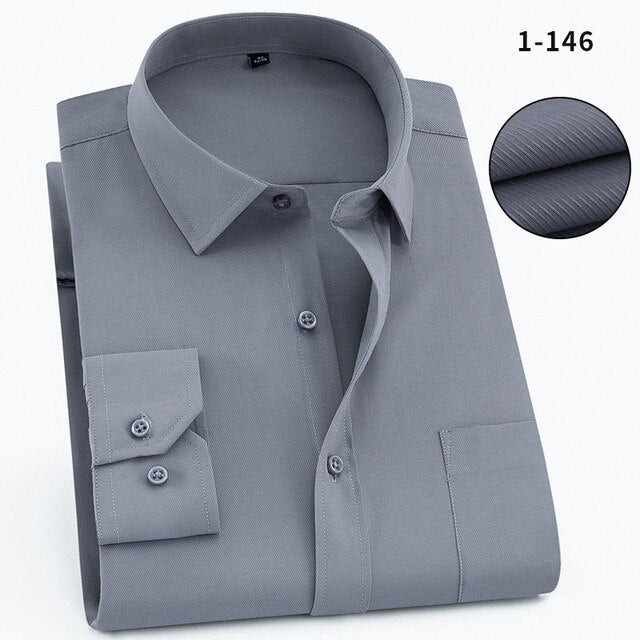 QISHA Mens Shirt Long Sleeve Business Smart Casual Solid Color Twill Male Clothing Slim Professional New Gray Social Man Shirt