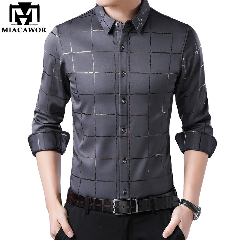 MIACAWOR New Men's Shirts Plaid Casual Shirt Long Sleeve Dress Shirts Slim Fit Camisa Masculina Men Clothing C493