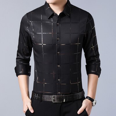 MIACAWOR New Men's Shirts Plaid Casual Shirt Long Sleeve Dress Shirts Slim Fit Camisa Masculina Men Clothing C493