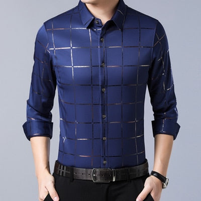 MIACAWOR New Men's Shirts Plaid Casual Shirt Long Sleeve Dress Shirts Slim Fit Camisa Masculina Men Clothing C493