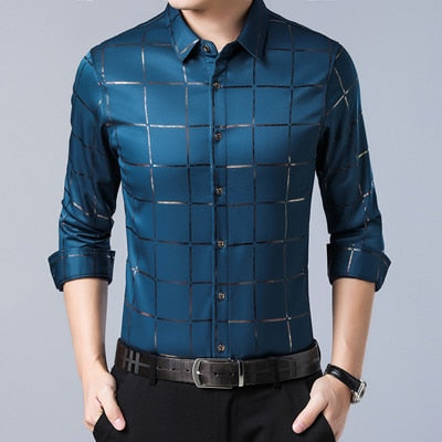 MIACAWOR New Men's Shirts Plaid Casual Shirt Long Sleeve Dress Shirts Slim Fit Camisa Masculina Men Clothing C493