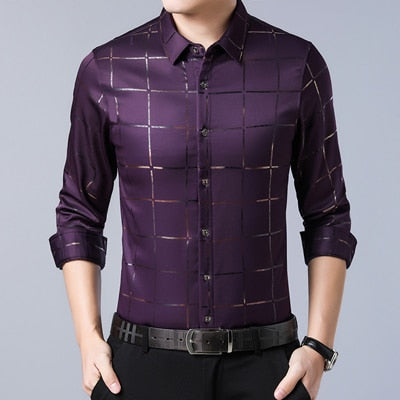 MIACAWOR New Men's Shirts Plaid Casual Shirt Long Sleeve Dress Shirts Slim Fit Camisa Masculina Men Clothing C493