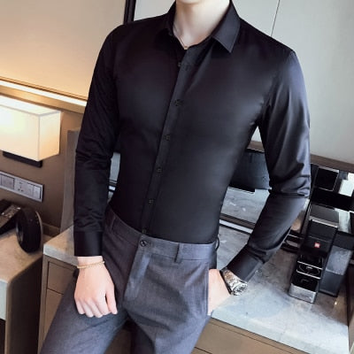 Business Shirts 2019 New Fashion Brand Clothing Mens Long Sleeve Work Shirt Elastic Slim Fit Shirt Big Size S-5XL Casual Shirt