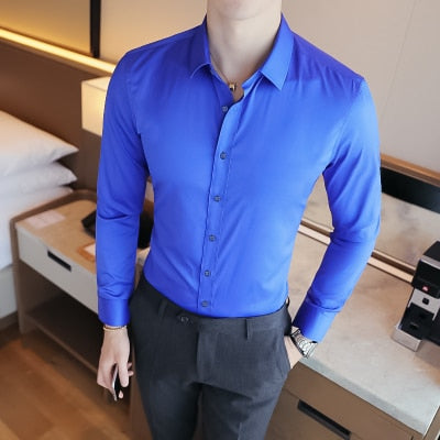 Business Shirts 2019 New Fashion Brand Clothing Mens Long Sleeve Work Shirt Elastic Slim Fit Shirt Big Size S-5XL Casual Shirt