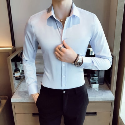 Business Shirts 2019 New Fashion Brand Clothing Mens Long Sleeve Work Shirt Elastic Slim Fit Shirt Big Size S-5XL Casual Shirt