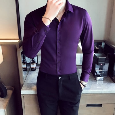 Business Shirts 2019 New Fashion Brand Clothing Mens Long Sleeve Work Shirt Elastic Slim Fit Shirt Big Size S-5XL Casual Shirt