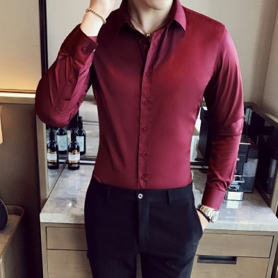 Business Shirts 2019 New Fashion Brand Clothing Mens Long Sleeve Work Shirt Elastic Slim Fit Shirt Big Size S-5XL Casual Shirt