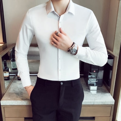 Business Shirts 2019 New Fashion Brand Clothing Mens Long Sleeve Work Shirt Elastic Slim Fit Shirt Big Size S-5XL Casual Shirt