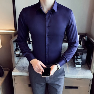 Business Shirts 2019 New Fashion Brand Clothing Mens Long Sleeve Work Shirt Elastic Slim Fit Shirt Big Size S-5XL Casual Shirt