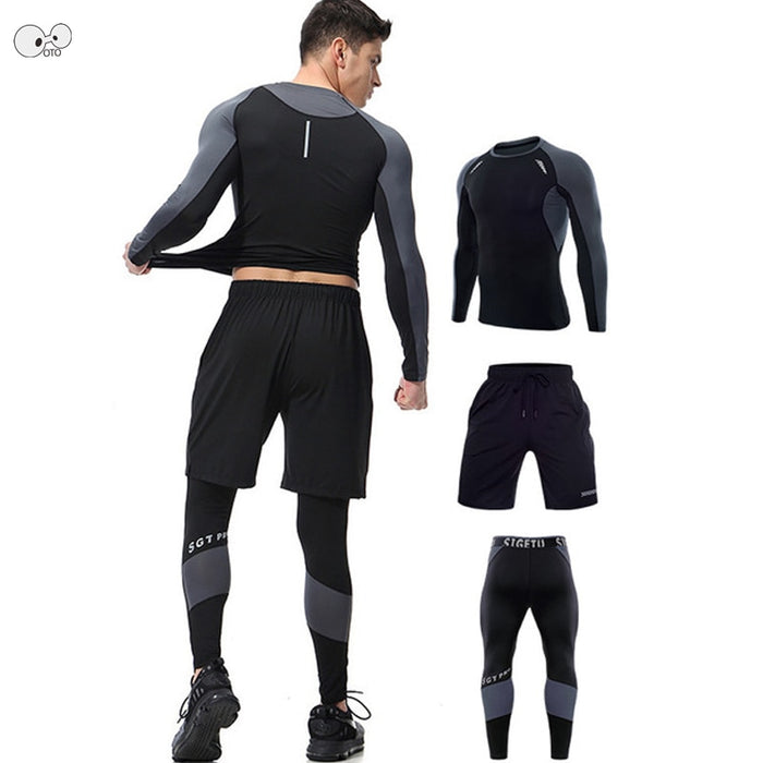 Mens Quick Dry Long Sleeve 3 PCS Running Suit 2019 Gym Fitness Clothing Male Workout Sports Set Clothes Athletic Yoga Sportswear